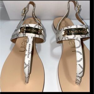 Calvin Klein Soley Monogram Leather White W/Logo Strap Back Women's Sandles